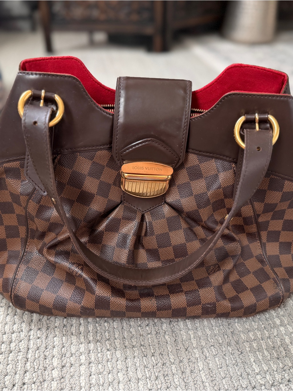 Louis Vuitton Sistina Gm Brown Damier Shoulder Bag With Red Interior